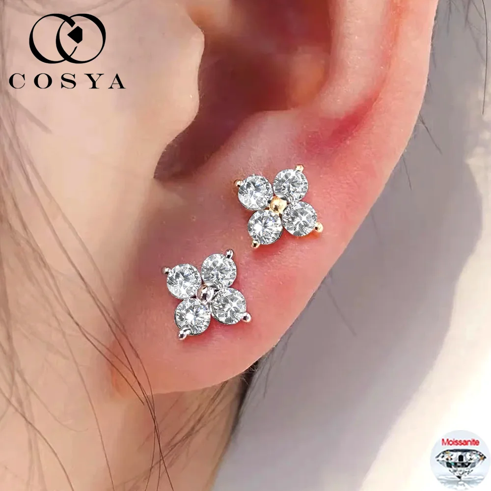 

COSYA Full Moissanite Clover Stud Earring For Women S925 Silver Plated 18K Gold Lab Diamond Ear Stud Daily Fine Jewelry Gifts