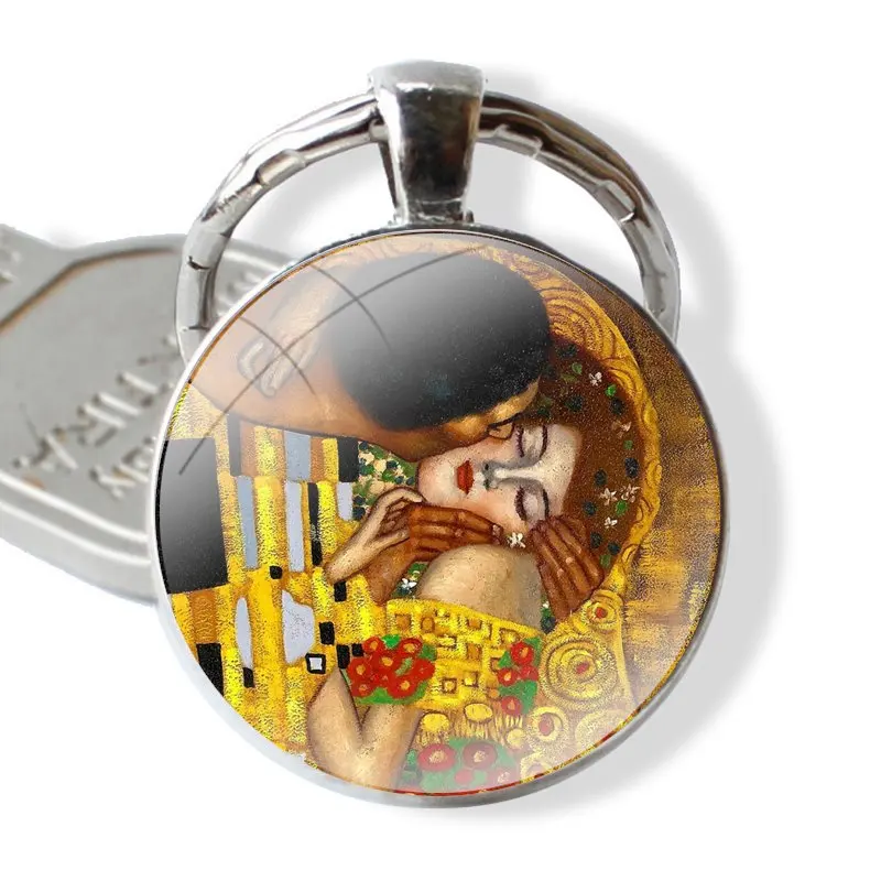 25mm Glass Cabohcon Keychain Key Rings for Women Men Jewelry Gift Gustav Klim Golden Tears