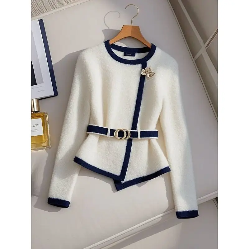 Women Autumn Winter Office Lady Solid Color Women Clothes Elegant Fashionable Lacing Knitting Loose Pullover Long Sleeve Sweater