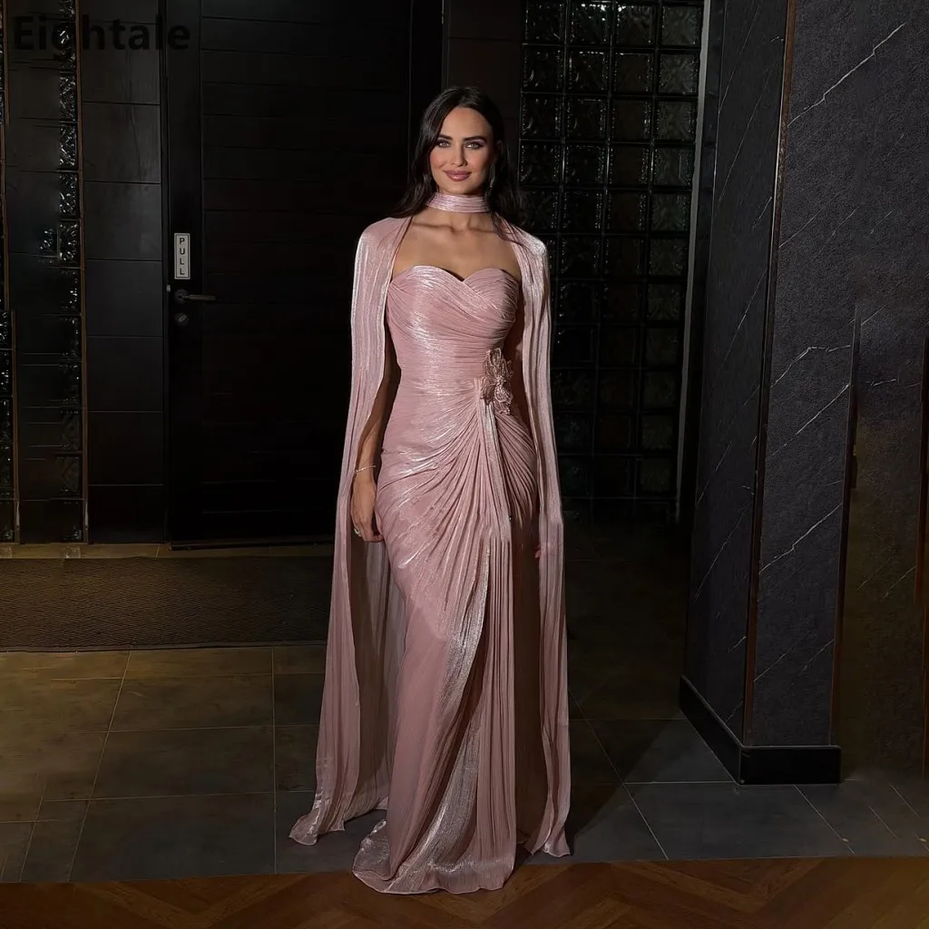 Eightale 2025 Abito da sera maxi in seta a sirena rosa con mantello Abito da ballo formale Abito da cerimonia nuziale Dubai personalizzato