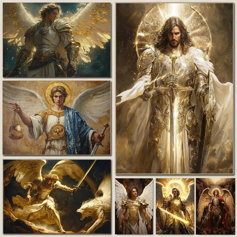 

Vintage Archangel Saint Michael Poster Printing Christian Catholic Canvas Oil Painting Mural Living Room Home Decoration Picture