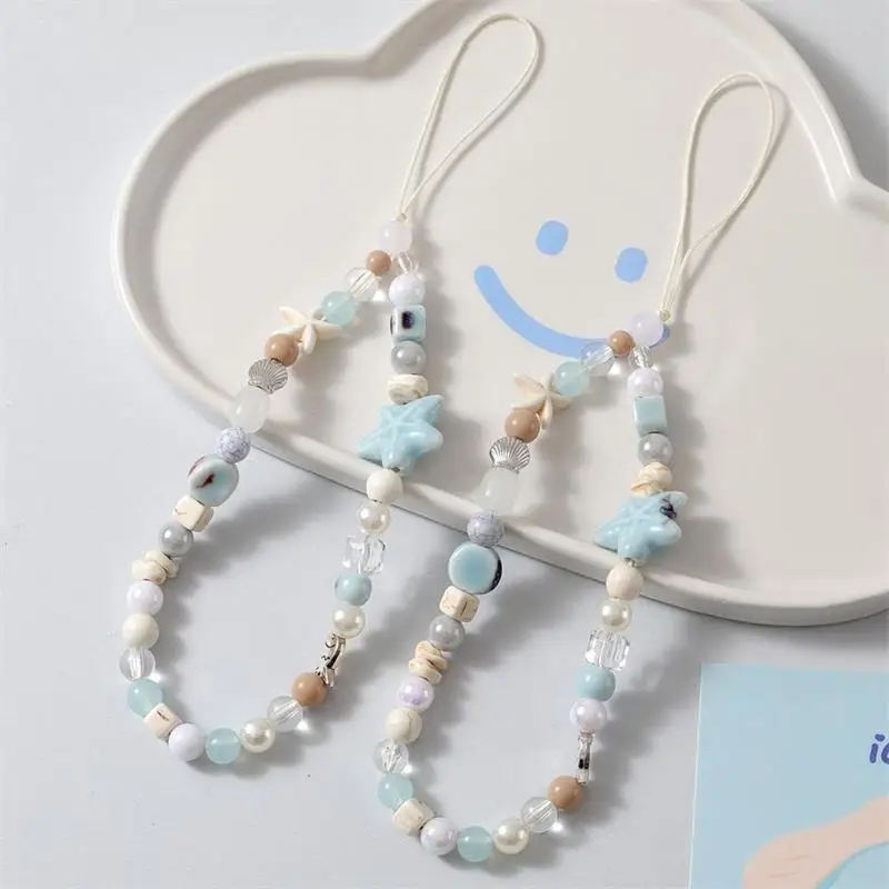 Korean Cartoon Cute 3D Blue Starfish Beaded Phone Chain Charm Lanyard For iPhone Samsung Universal Accessories Jewelry Pendant