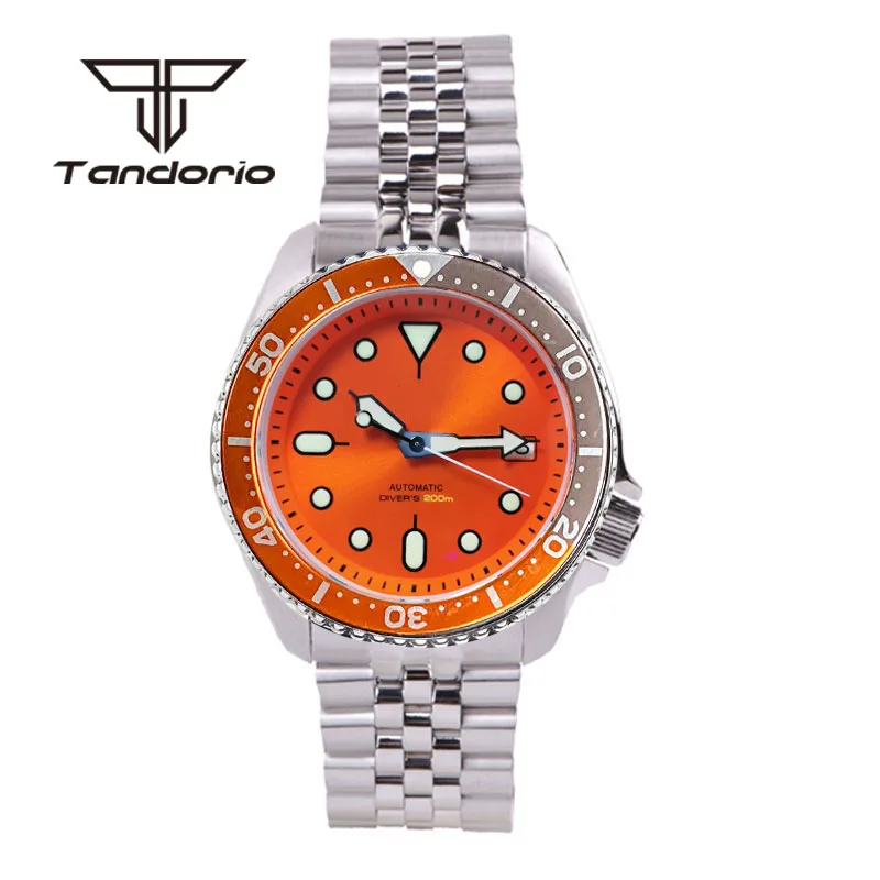 Tandorio Stainless Steel NH35A 41mm 200m Men\'s Automatic Dive Watches Bracelet Orange Sunburst Dial Luminous Sapphire Glass Date