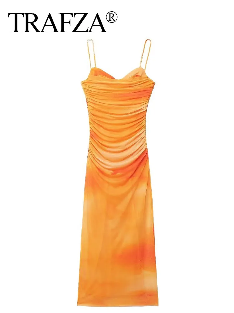 TRAFZA Summer Woman Tie-dye Gradient Sleeveless Dress Fashion Beach Style Orange Printed Backless Sexy Slim Dresses Mujer Traf