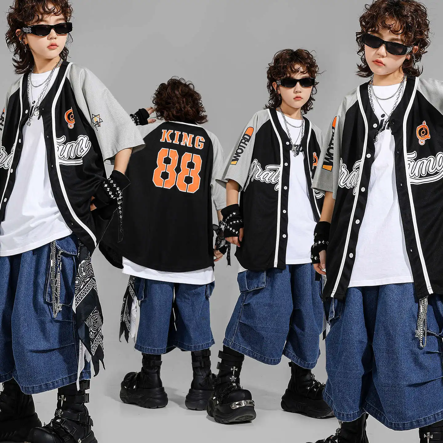

Kid Hip Hop Clothing Black Baseball Cardigan Shirt Denim Blue Parachute Cargo Jeans Shorts for Girls Boys Dance Costumes Clothes