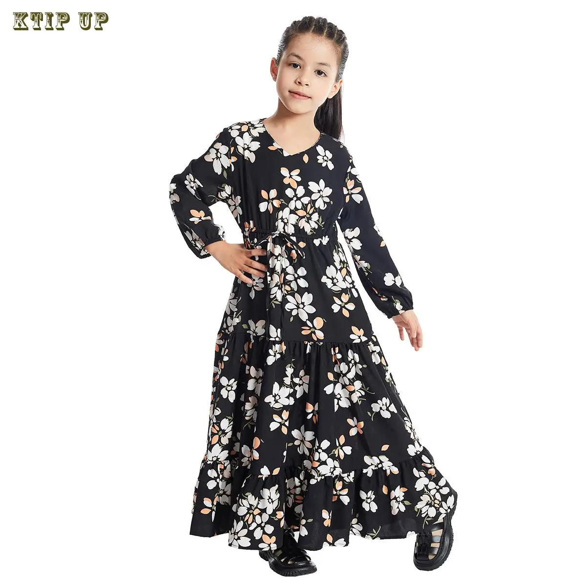 Ramadan Fashion Muslim Children Abaya Print Girl Maxi Dress Long Robe Gowns Kimono Cute Jubah Middle East Arab Islamic Clothing