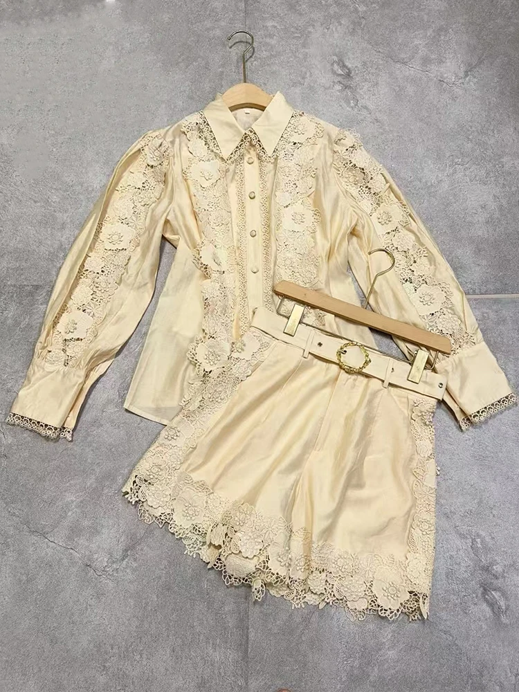 

Retro hollow lantern long-sleeved shirt jacket spring and summer new women's two-piece suit with belt shorts fashion suit.