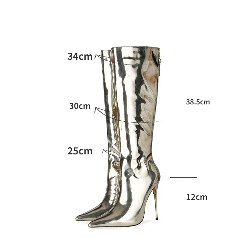 

2024 Women Shoes New Winter Knee High Boots 15 Colors Pointed Toe Thin Heel Silver Short Plush Fashion Patent Leather Boots