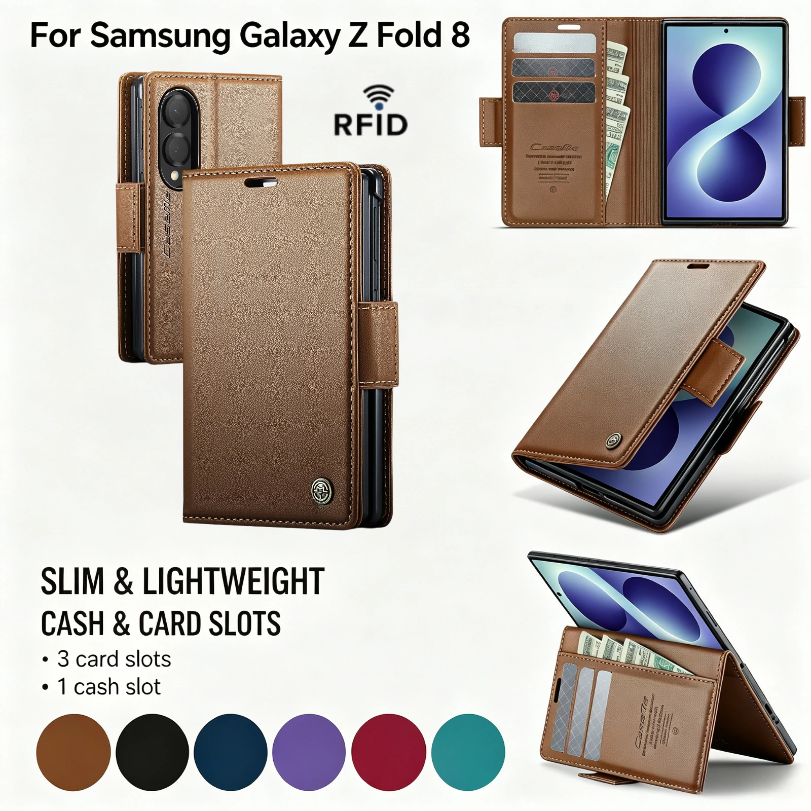 Business RFID Card Solt Wallet Flip Kickstand Leather Case for Samsung Galaxy Z Fold 8 Magnetic Closure Full Body Protect Cover