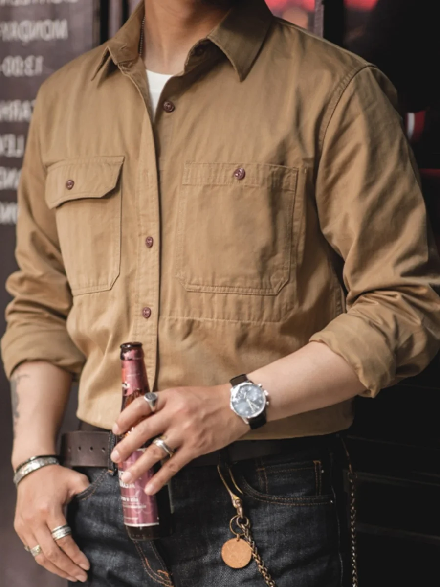 

American Retro Pure Cotton Long Sleeve Shirt for Men Engineer Workwear Ame Kaki Loose Fit Work Shirt Youth Trend Autumn Wear