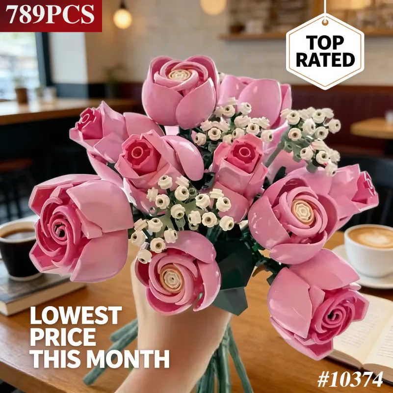

2026 New 789pcs Technology Pink Rose Bouquet Building Blocks Set Decorate Suitable For Mother's Day Gift Present Thanksgive Gift