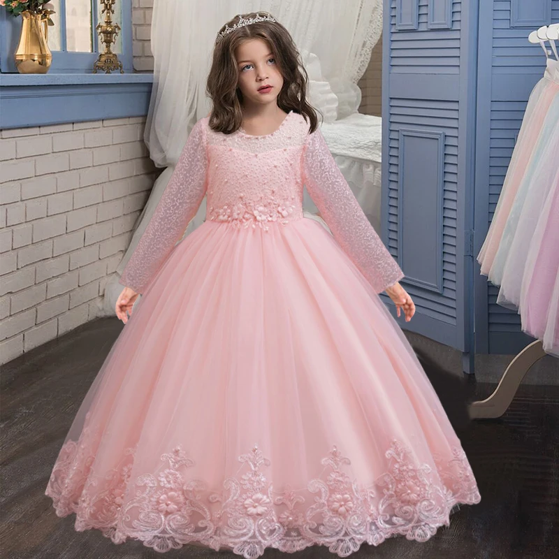 Zhongda Children\'s new wedding dress long-sleeved lace elegant girl clothing 4-12 years old beauty pageant long princess skirt