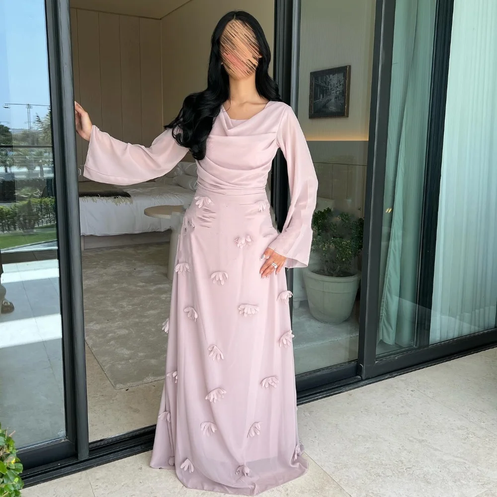 Customized Casual Chiffon Pleat Flower A-line Scoop Neck Long Dresses Prom Dresses Classic Exquisite Modern Style Pastrol  Chine