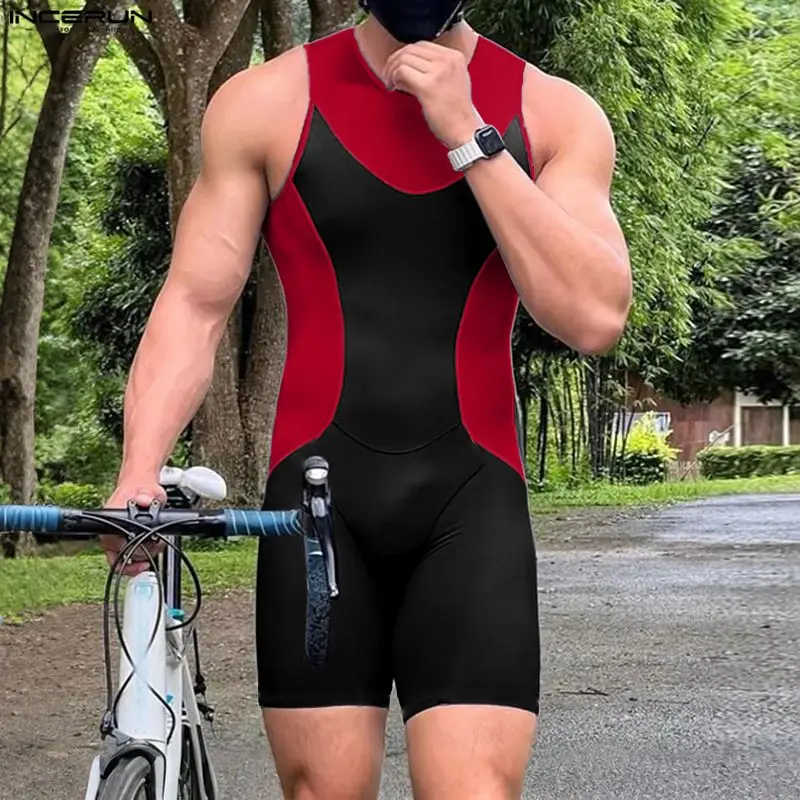 INCERUN Men Bodysuits Patchwork Color-block O-neck Sleeveless Male Playsuits Workout Rompers Streetwear Fashion Casual Bodysuit