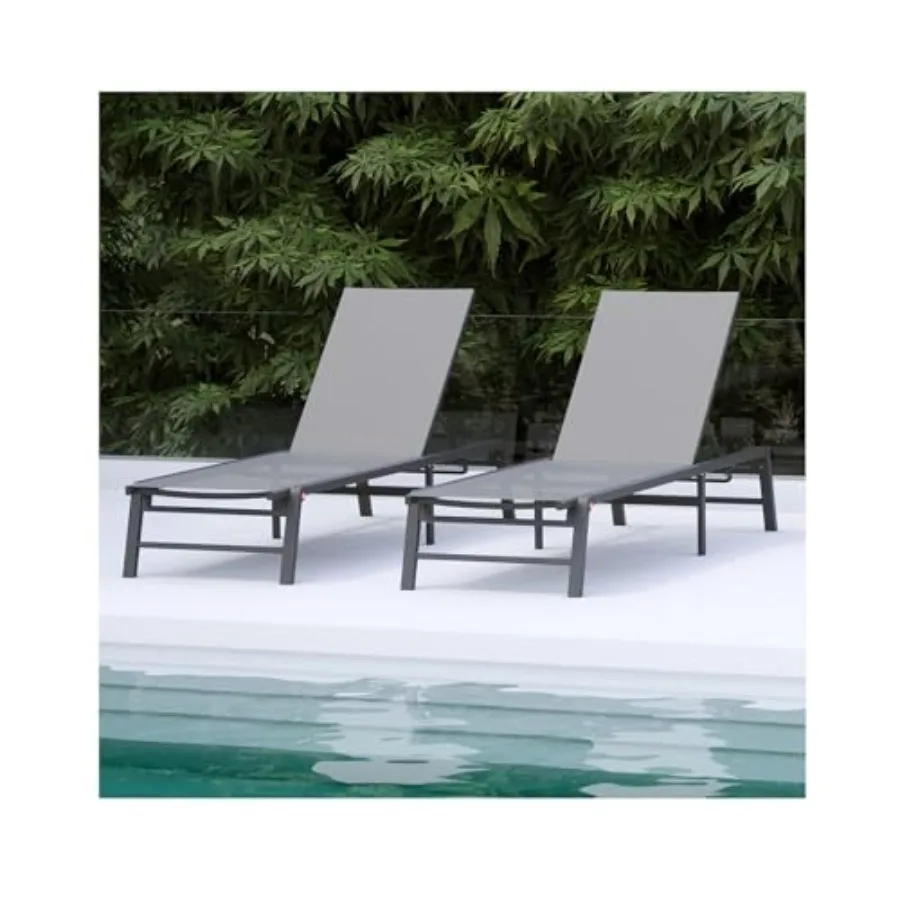 

Outdoor Chaise Lounge Chair Set of 2, 5-Level Adjustable Backrest, Sun Lounger Foldable Aluminum, 400 Lbs Capacity, Breathable