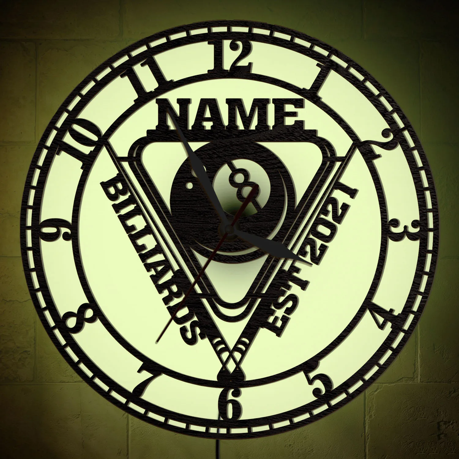 Custom Name Billiards LED Backlit Wall Clock for Game Room Man Cave 8 Ball Pool Luminous Wall Clock Pool Lover  Gift