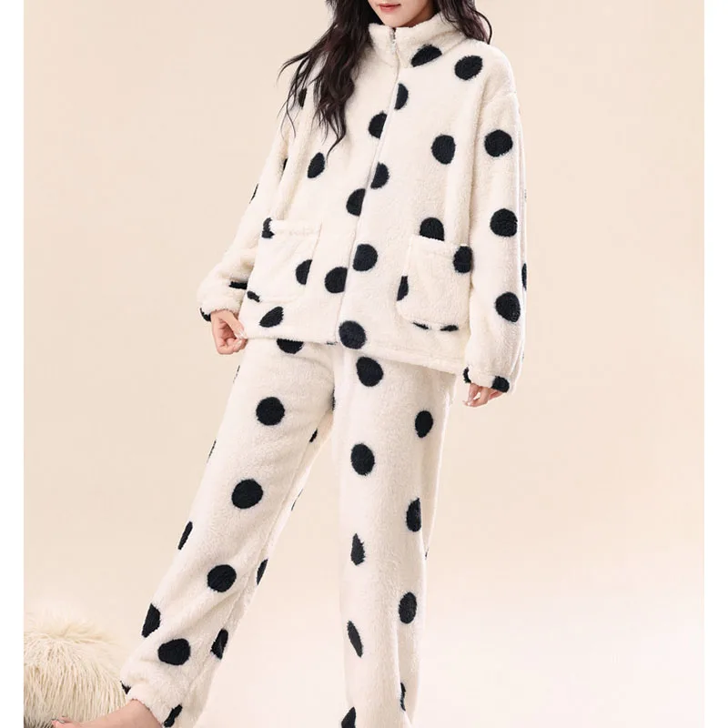 

Женская зимняя одежда, пижамный комплект из кораллового флиса, утепленная теплая пижамная куртка с воротником-стойкой на молнии в горошек, фланелевая пижама