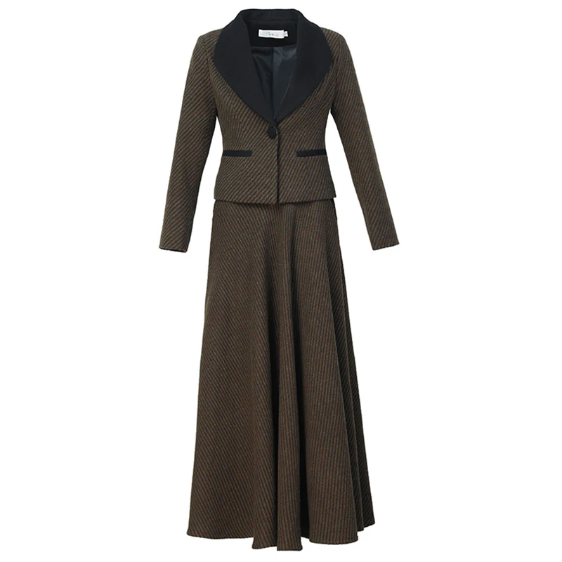 New Women Brown Striped Woolen Skirt Suits Autumn Winter Elegant Fashion Slim Blazer and Loose Long Skirt Two-pieces Set