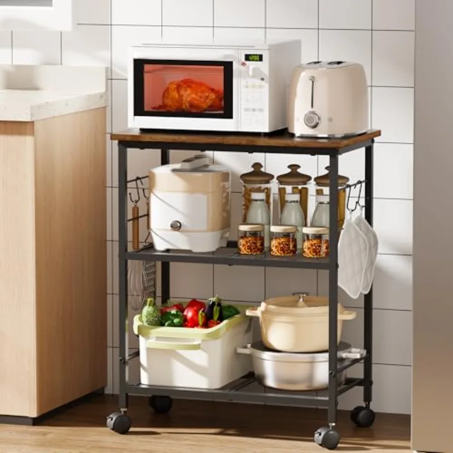 

Rolling Kitchen Cart 3 Tier Microwave Kitchen Cart with Storage Function Practical Roller Cart with 4 Locking Wheels for Kitche