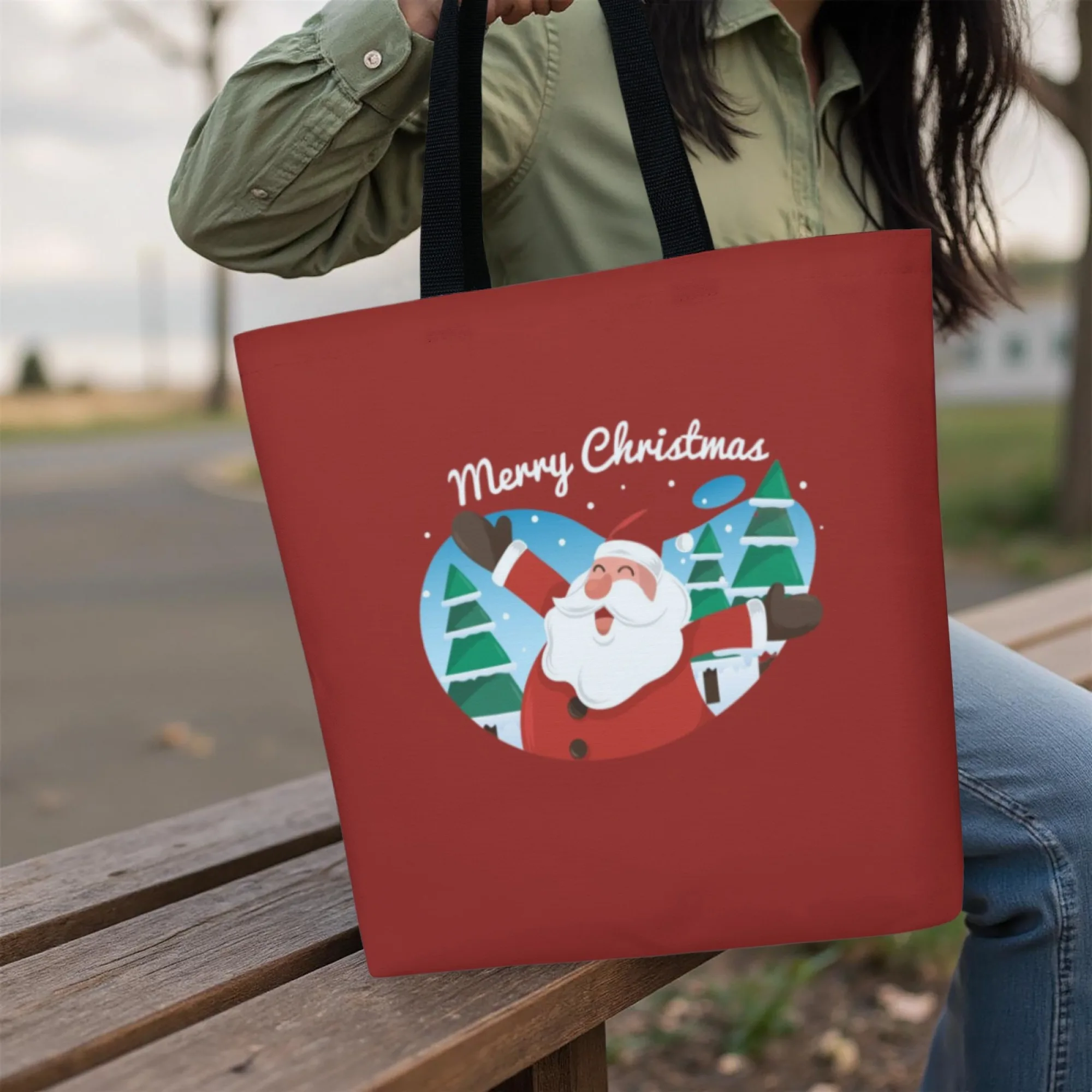 Christmas Style Canvas Tote Bag Red Santa Design Shoulder Bag for Women Large Reusable Suitable for Daily Commute Shopping