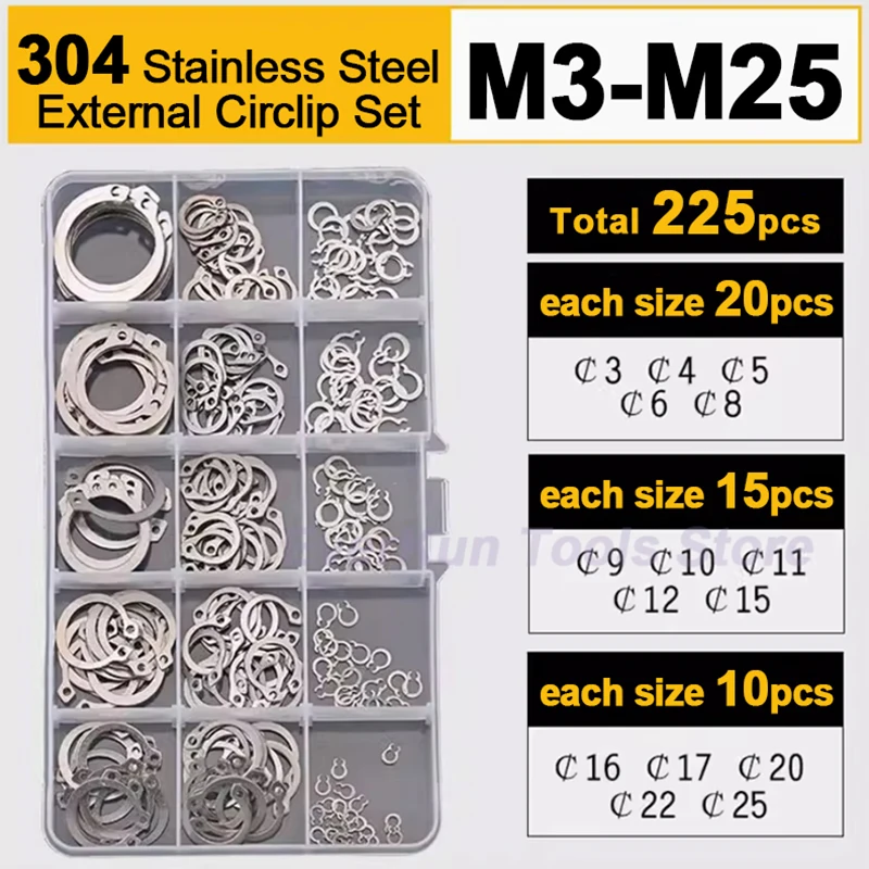 

225pcs M3 M4 M5-M25 304 Stainless Steel Shaft Bearing Retaining Clip Snap Ring C Type External Circlip Assortment Kit Set DIN471