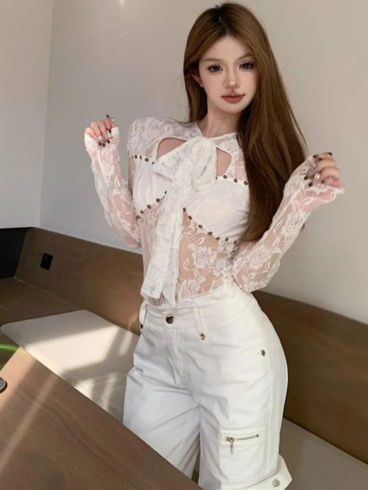 New Sexy Blouses Women 2024 Blusas Mujer De Moda O Neck Bandage Tunic Blouse Temperament Lace See Through Shirts Y2k Crop Tops