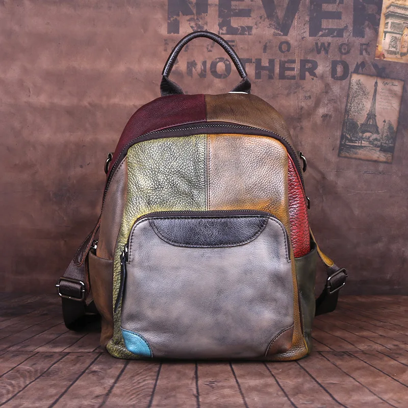 Patchwork Woman Genuine Leather Backpack Vintage Real Cow Leather Travel Backpacks Casual Fashion Ladies Double Shouder Bag