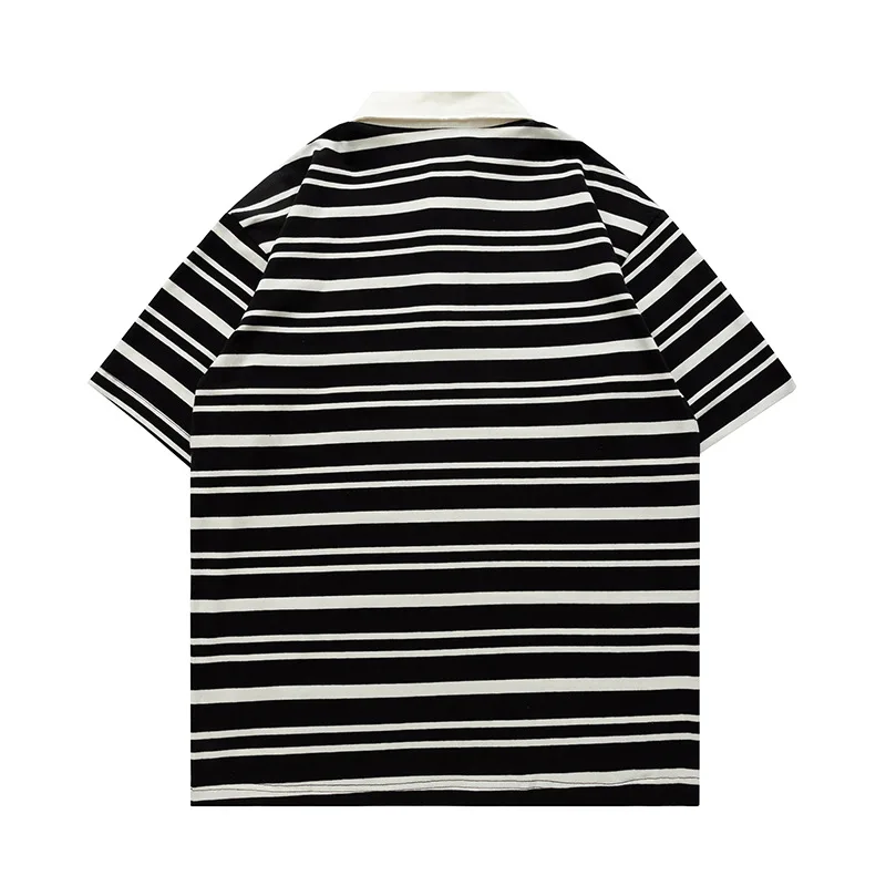 High-Quality Polo Shirt Vintage Striped Oversized Men\'s Women\'s Black WhiteT-shirt 2023 Summer New Pure Cotton Short Sleeve Tops