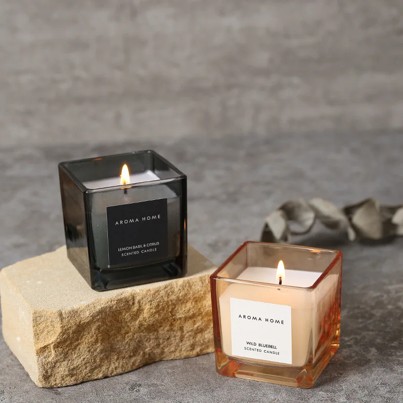 Ins Style Vintage Square Glass Jar Scented Candle Essential Oils Soy Wax Candle Aromatherapy Home Decoration Birthday Xmas Gift