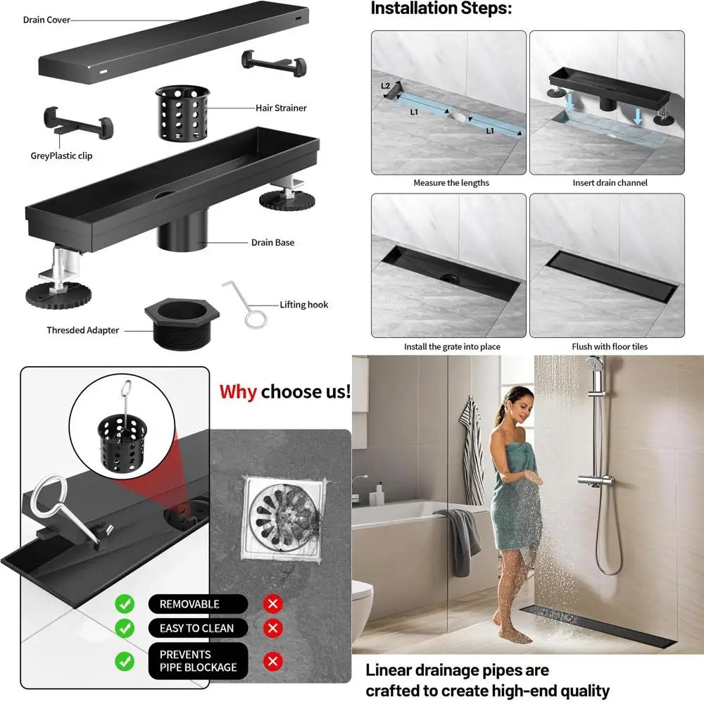 

Invisible Floor Drain, 32-Inch Black, 304 Stainless Steel, Adjustable Feet, Hair Strainer