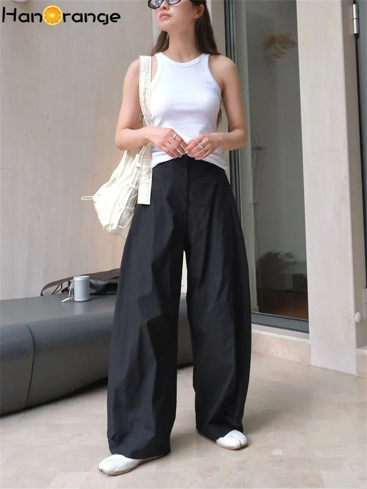 HanOrange 2024 Summer Simple Adjustable Waist Casual Pants Women Loose Wide Legs Trousers Black/Light Purple