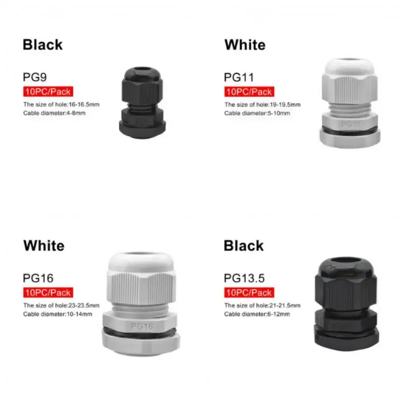 10pcs IP68 PG7-PG16 Cable Cord Gland Joints White/Black Nylon Plastic Junction Box Connectors Cord Grips Gaskets and Locknut