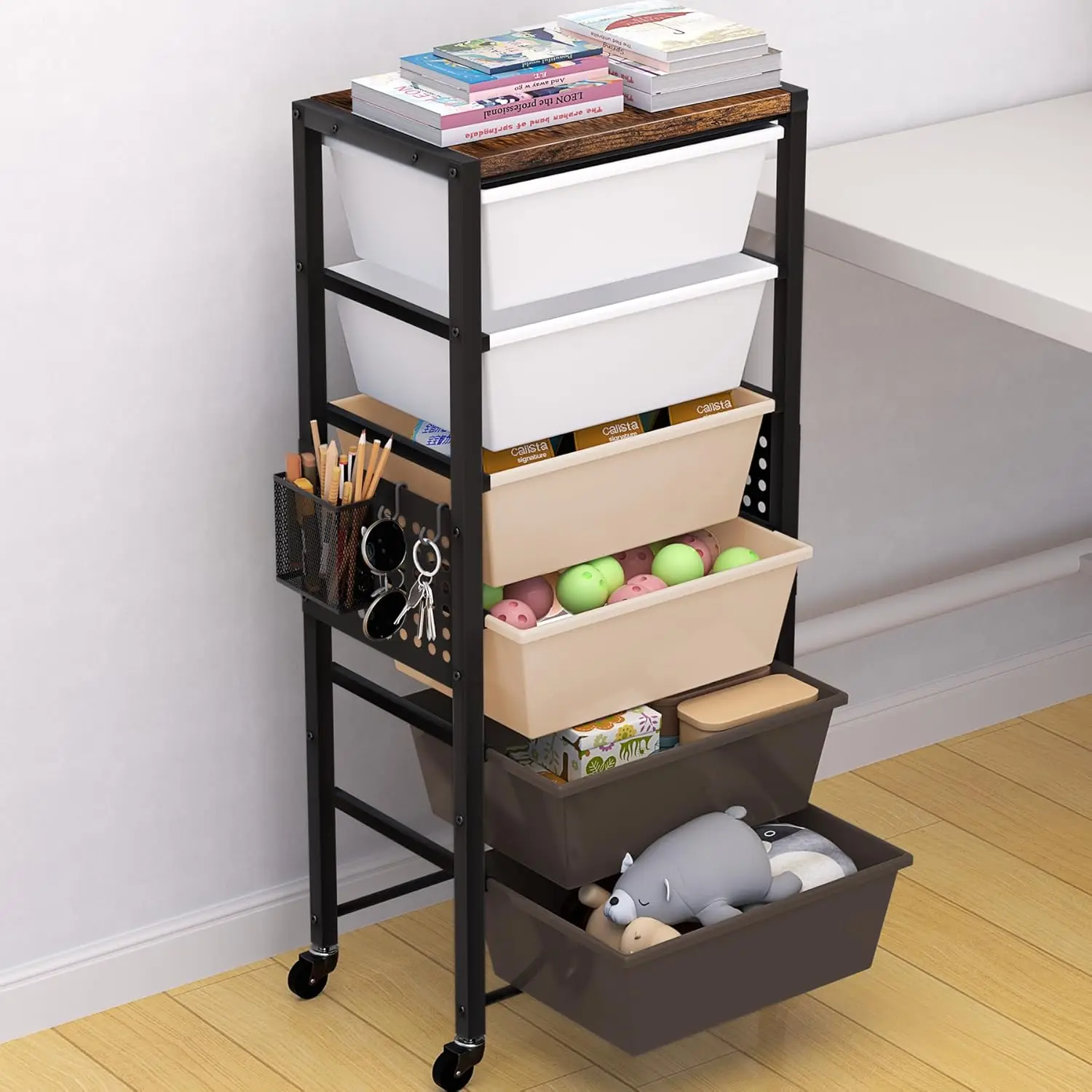 

Передвижная тележка для хранения с большими ящиками, деревянной столешницей, перфорированными панелями и корзиной для гостиной, офиса