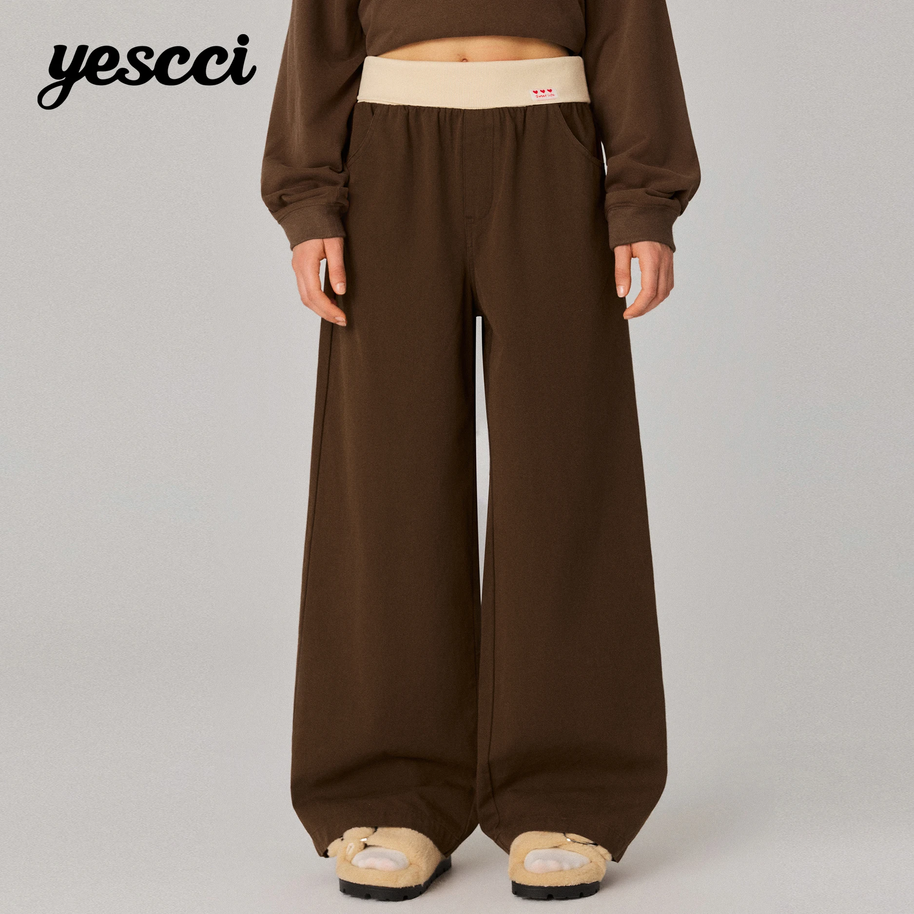 YESCCI Women's Pants Vintage Contrast Waist Casual Woman Trousers Cozy Cotton Blend Loose Daily Fashion Wide Pants Y716083176
