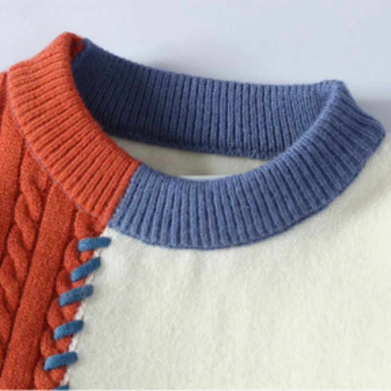 Men's Autumn Winter Long Sleeves Knit Sweater Round Neck Mink Fleece Splice Wearing Rope High Street Pullover Trend Fashion Tops