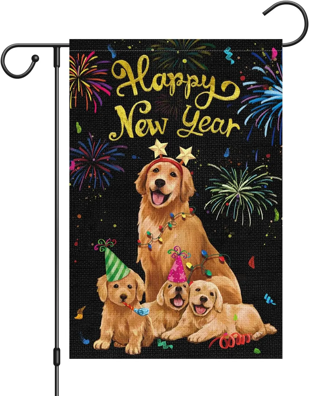 Louise Maelys Happy New Year Dogs Garden Flag 12x18 Double Sided Vertical, Burlap Small Celebration Fireworks Golden Retriever P