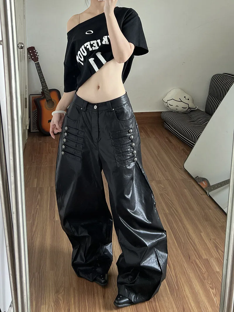 Black Wide Leg Pants for Women 2026 Autumn New High Waisted Casual Trousers Retro Spicy Girl Side Multi Breasted Pants