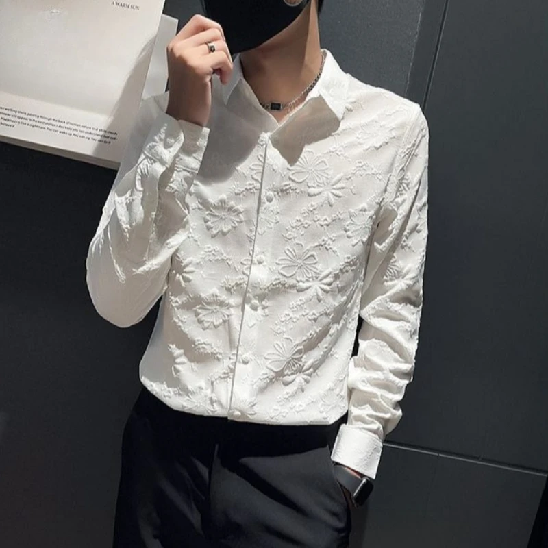 Men Premium Jacquard Long Sleeve Shirt Slim Fit Trendy Early Autumn Fashion Top