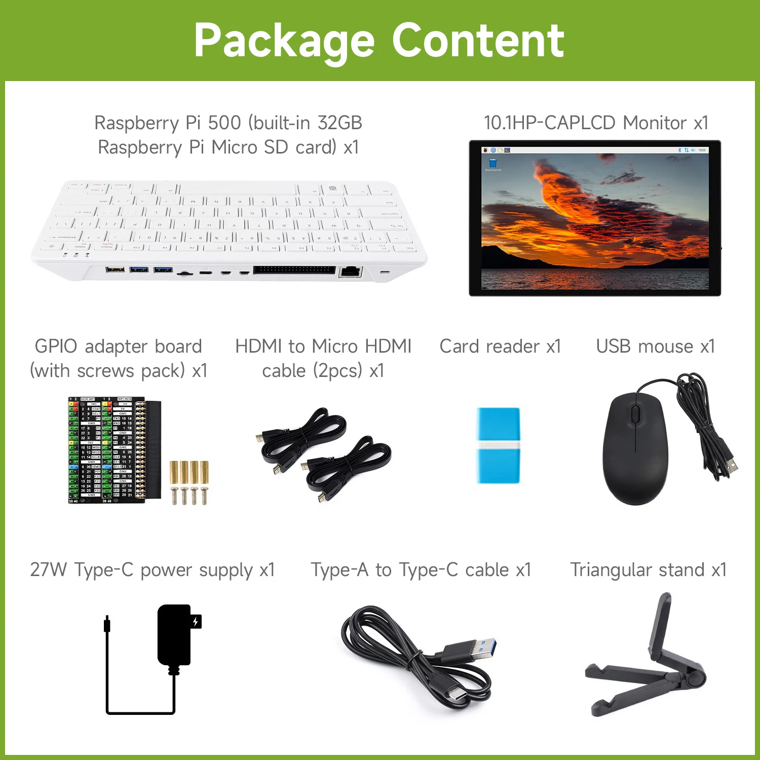 Raspberry Pi 500 with Waveshare Accessory, Display Kit, Powerful Computer Built Into A High-quality Keyboard (US)
