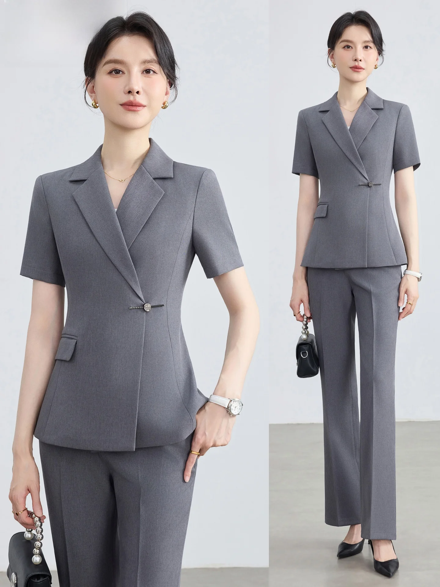 

Gray Suit Set for Women Summer High End Elegant Hotel Manager Beauty Consultant Work Uniform Polyester Fiber Commute Style