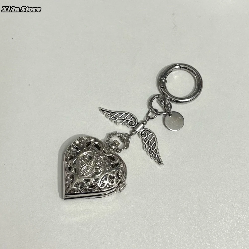 Y2K Hollow Heart Pocket Watch Chain Necklace Design Steampunk Clock Vintage Pendant Jewelry Keychain Watch Valentine's Day Gift - view 5