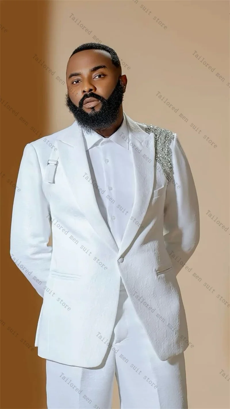 Męskie garnitury białe, zestaw 2-częściowy: marynarka + spodnie, zdobione kamieniami, smokingi ślubne, żakiet, formalny strój do biura, biznesowy, dla pana młodego, płaszcz męski.