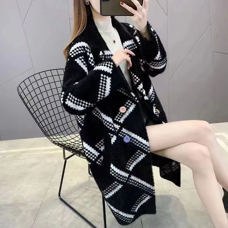 Women Long Mink Velvet Jacket, Loose Overcoat, Thick Plaid Coats, Korean Double-Breasted Cardigan, Coat Outwear, Autumn, Winter