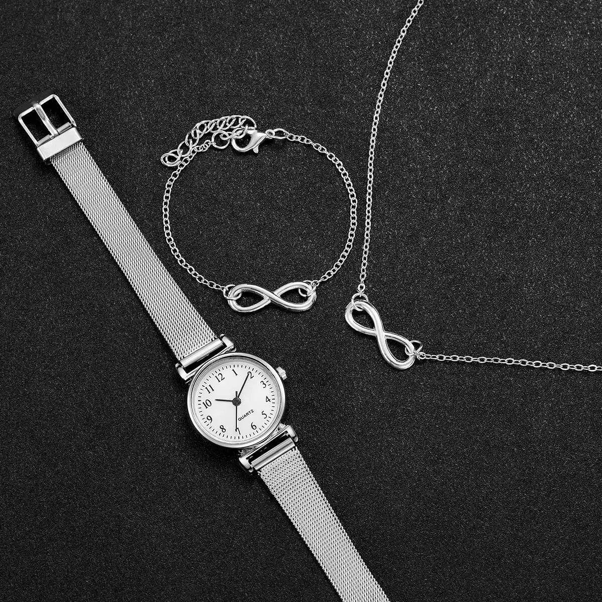 여성용 패션 아랍어 다이얼 쿼츠 시계, 스틸 메쉬 밴드, 아날로그 손목시계, 실버 쥬얼리 세트, 박스 없음, 3PCs/세트