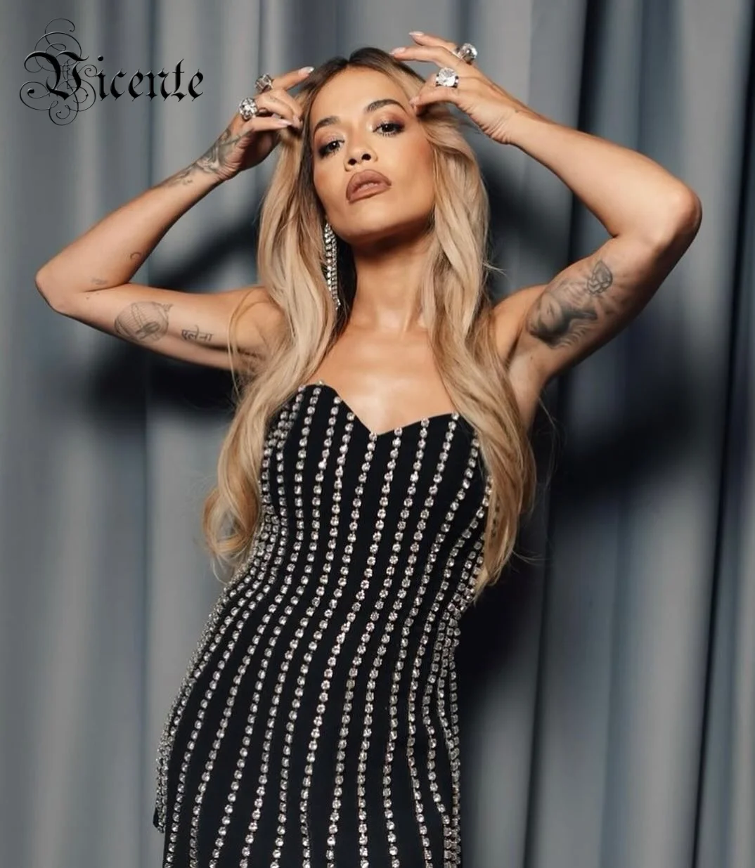 

VC Glamorous Black Crystal Strapless Sleeveless Mini Dress for Parties Fashion Events Evening Gown