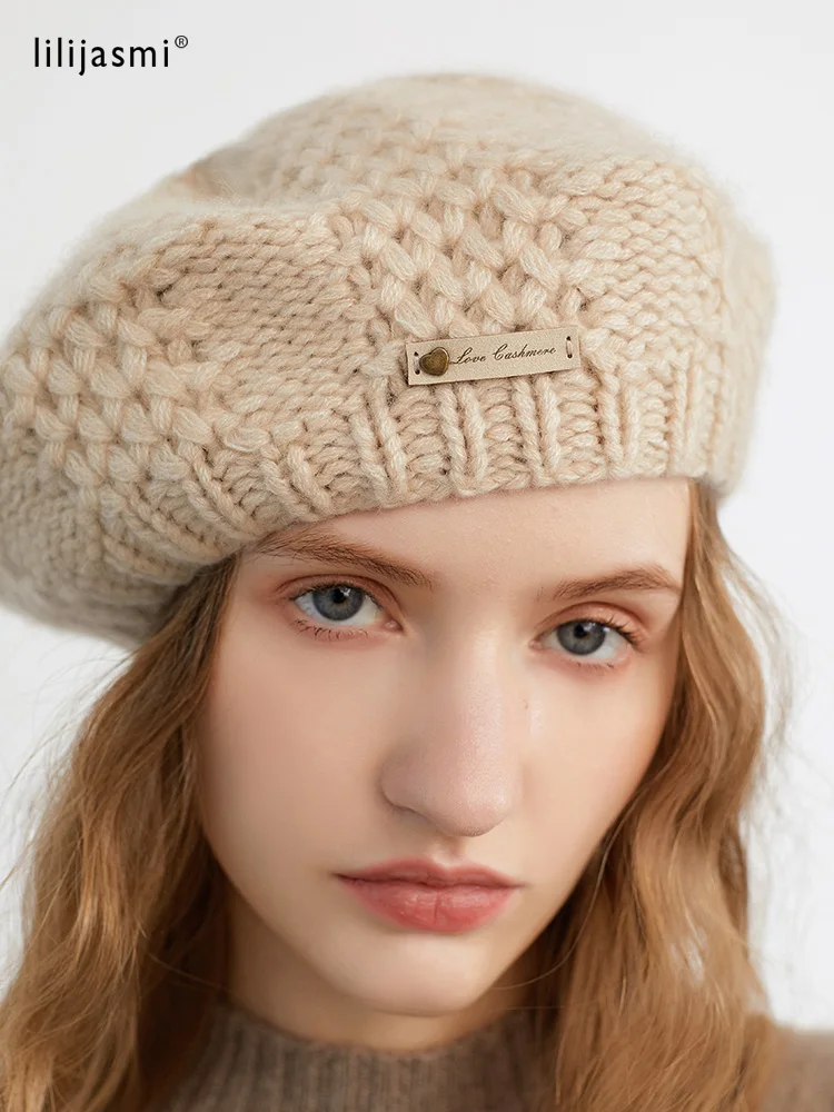 Women Knit Beret Heavy 100% Pure Cashmere Hade Made Crochet Thick Yarn Cap Casual Hat Soft Comfy Beanies Real Pushmina Bonnet