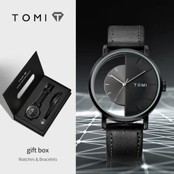TOMI New 2PCS Men's Gift Box Watch Bracelet Minimalist Business Hollow Round dial Men's Quartz Watch Bracelet Clock Gift Reloj