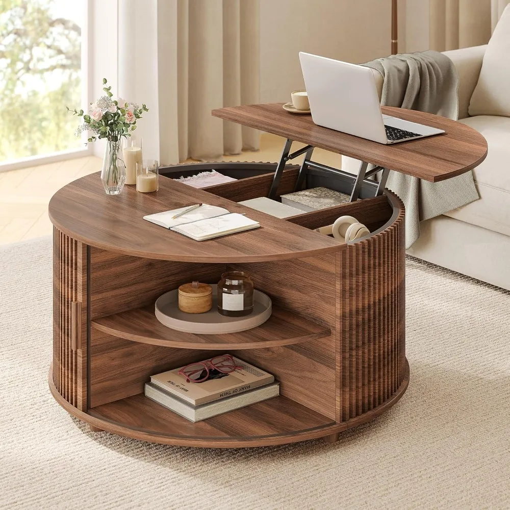 

Round Lift Top Coffee Table, 34.6" Modern Coffee Table with 180° Curved Sliding Door, Fluted Accent Coffee Tables with Hidden St