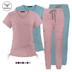 Fashionable V-neck Short Sleeved Top+pants Medical Scrub Two-piece Set Hospital Nursing Cleaning Scrubs Women Veterinary Uniform