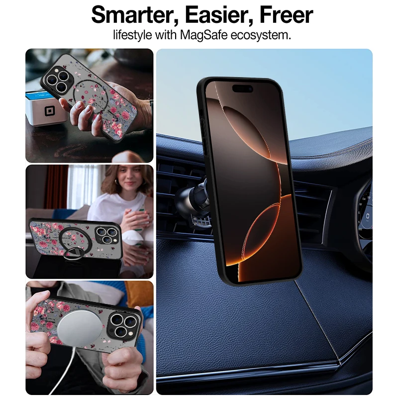 Durchscheinende, matte Handyhülle für iPhone 18, 17, 17e, 16, 15 Pro, 14, 13 Pro Max, mit Magsafe-Funktion, bunter Blumenmuster-Druck auf der Rückseite. – Detail 6